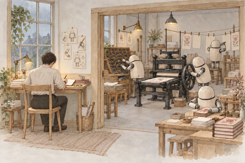 The agents print workshop cover, its day drawing on the left of the handle and its night drawing on the right. Every line continues across the split.