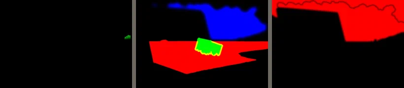 The motion map of the storm at sea cover, its three bands side by side. Band 1 is almost empty, with only a small plant in the wind, in green. Band 2 has the sea in red, the floating container in green and the clouds in blue. Band 3 has the sky where rain falls and lightning shows, in red.