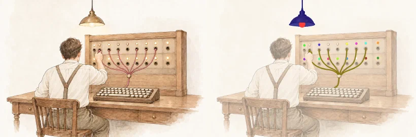 The switchboard cover, and its object sheet laid over it, with the pendant lamp in blue, its bulb in red, the cables in olive and each indicator light in its own colour.