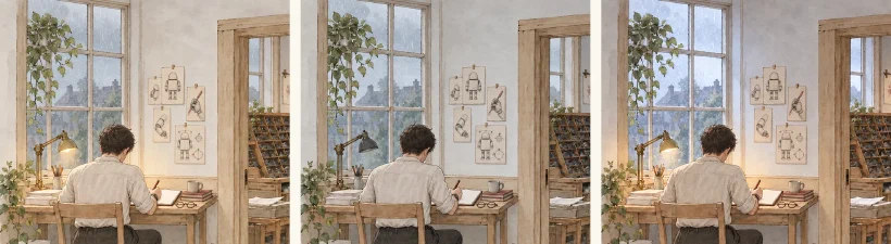 The writer&rsquo;s corner of the agents print workshop in three of its six drawings, lit, unlit, and during a lightning flash. Only the light changes between them.